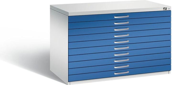 Produktbild C+P Zeichnungsschrank, DIN A1, 10 Schubladen, Höhe 760 mm, lichtgrau / enzianblau (110 x 76.50 x 76 cm)