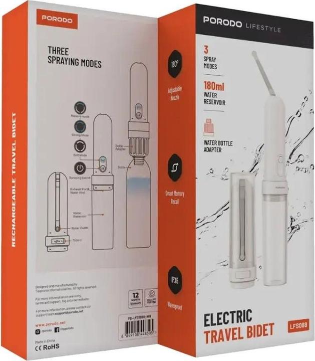 Produktbild Porodo Lifestyle Rechargeable Handy Bidet 180ml 800mAh with 3 Adjustable Modes - Whi (Hygieneprodukt)