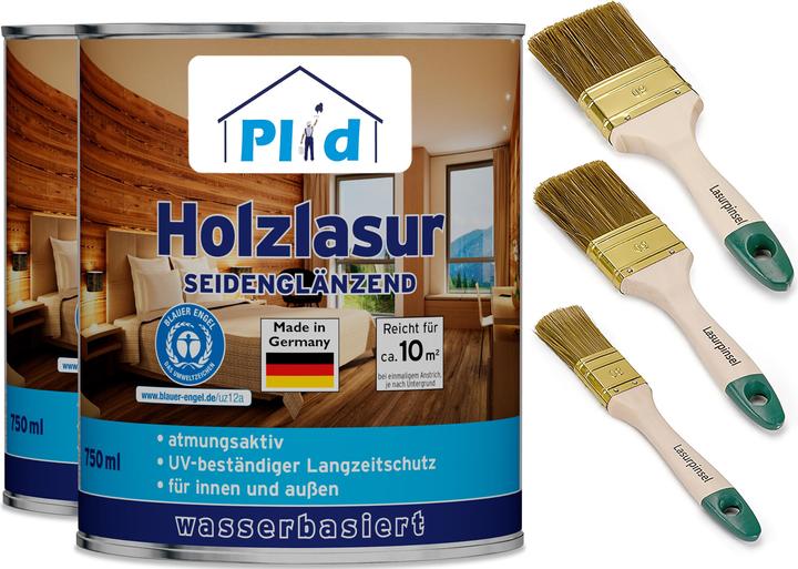 Produktbild Plid Holzlasur 1,5l, für ca. 20m² + Lasurpinselset 3 tlg. / Holzschutzlasur (Kiefer, 1.50 l)