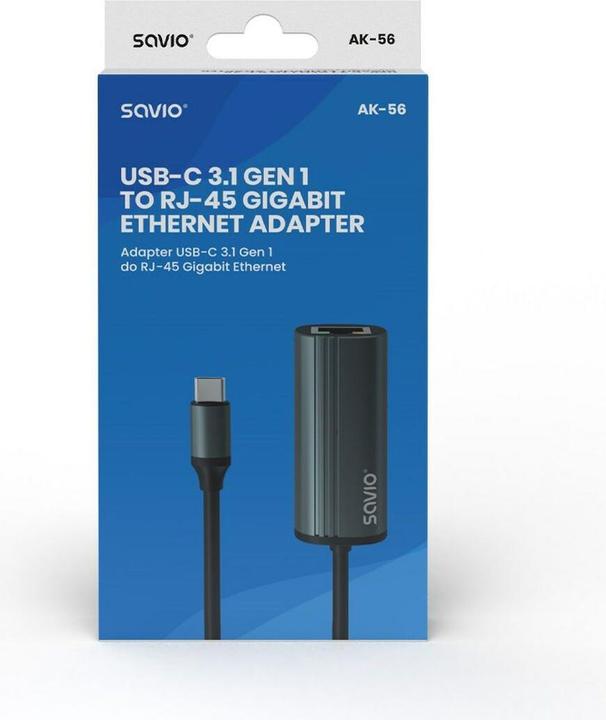 Actual product image Savio Adapter USB-C 3.1 Gen.1 M to RJ-45 Gigabit Ethernet F 1000 Mbps AK-56 grey (USB-C)