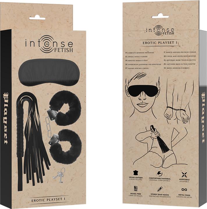 Produktbild Intense Fetish Set Erótico 1 Con Esposas, Antifaz Y Látigo De Cuero Vegano