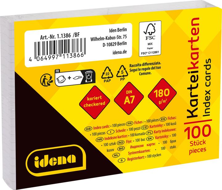Produktbild Idena Karteikarten kariert 180g/m² weiss DIN A7 100 Stück (A7, 180 g/m²)