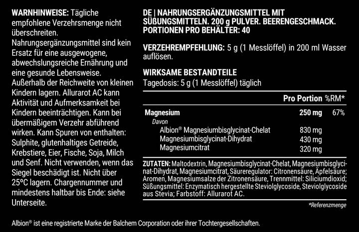 Nutritional values and ingredients Pillar Performance Triple magnesium (20 pcs., Powder, 200 g)