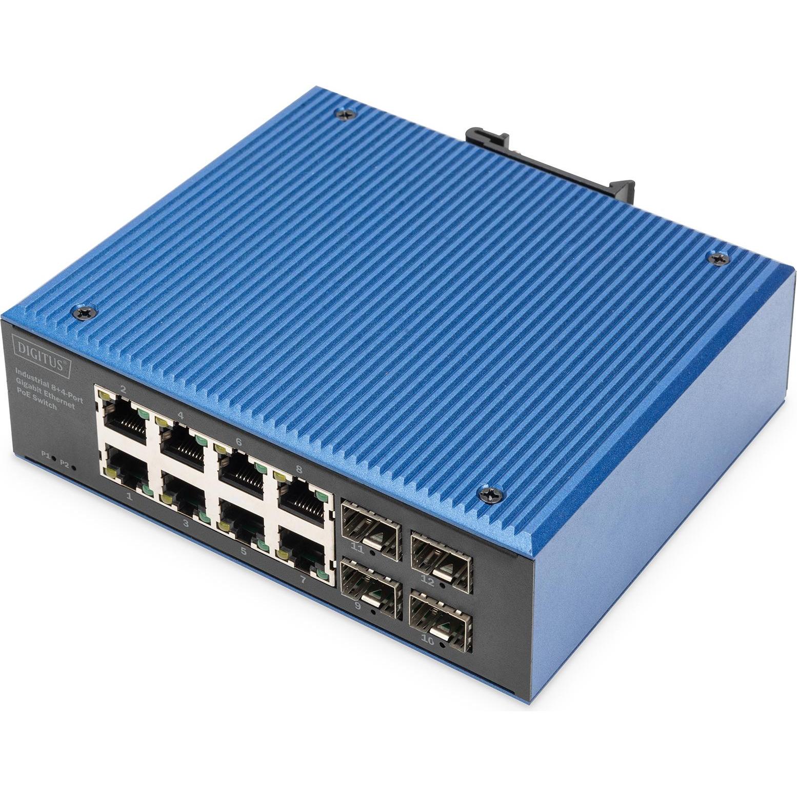 Digitus Industrieller 8+4 -Port Gigabit Ethernet PoE Switch (8 Ports), Netzwerk Switch, Schwarz