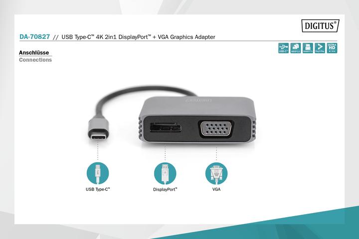 Produktbild Digitus USB Type-C™ 4K 2in1 DisplayPort + VGA Grafik-Adapter (USB Typ-C, 20 cm)