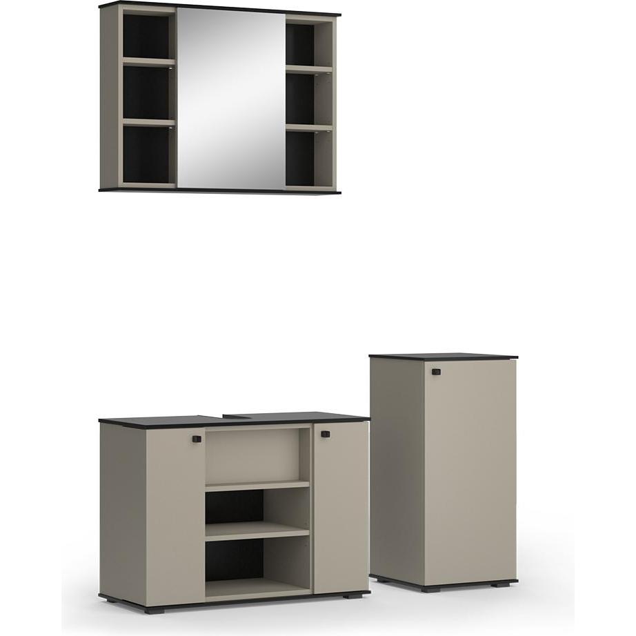 Vicco, Badmöbelset, Badmöbel-Set Joli, Greige/Schwarz, 3 Teile, mit Midischrank
