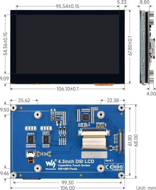 Produktbild WaveShare 4.3inch QLED Capacitive Touch Display für Raspberry Pi DSI Interface 800×480