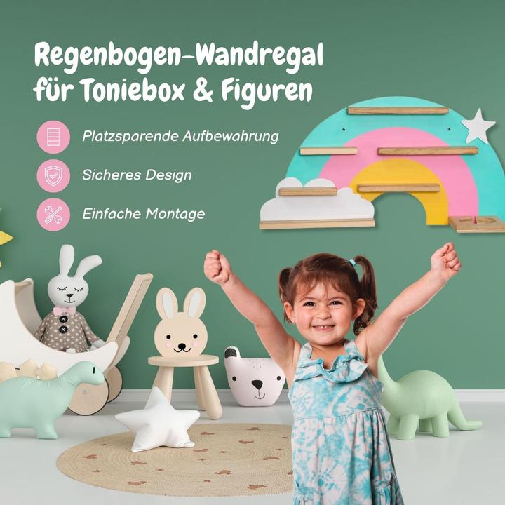 Image du produit Hermex Étagère en bois arc-en-ciel pour Toniebox et figurines sonores Étagère murale Organisateur de jouets
