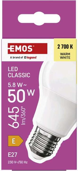 Actual product image Emos Classic A60 LED lamp / E27 / 5.8 W (50 W) / 645 lm / Warm white (E27, 5.80 W, 645 lm, 1 x, E)