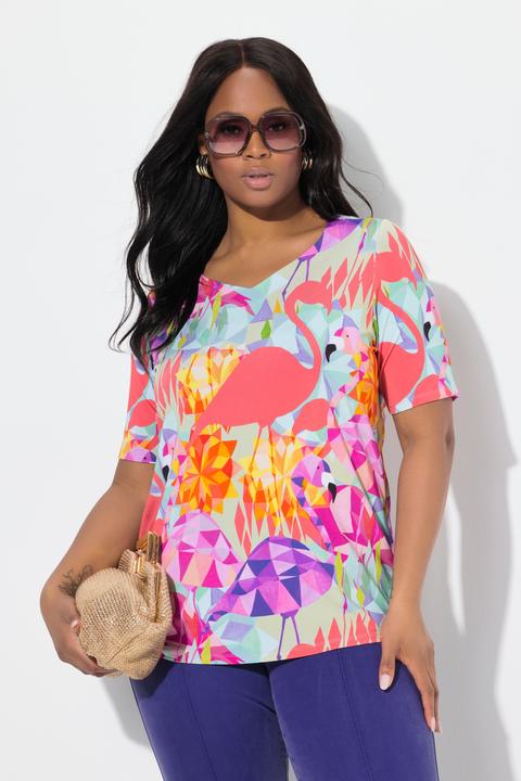 Produktbild Ulla Popken Slinkyshirt, Flamingos, Herz-Ausschnitt, Halbarm (58)