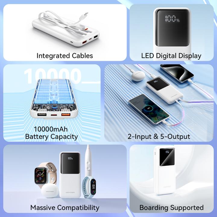 Produktbild Vention 10000mAh Power Bank (Micro-USB + USB-C + USB-A + USB-A) with Built-in USB-C and Lightning Cables 22. (10000 mAh, 22.50 W, 22.50 Wh)