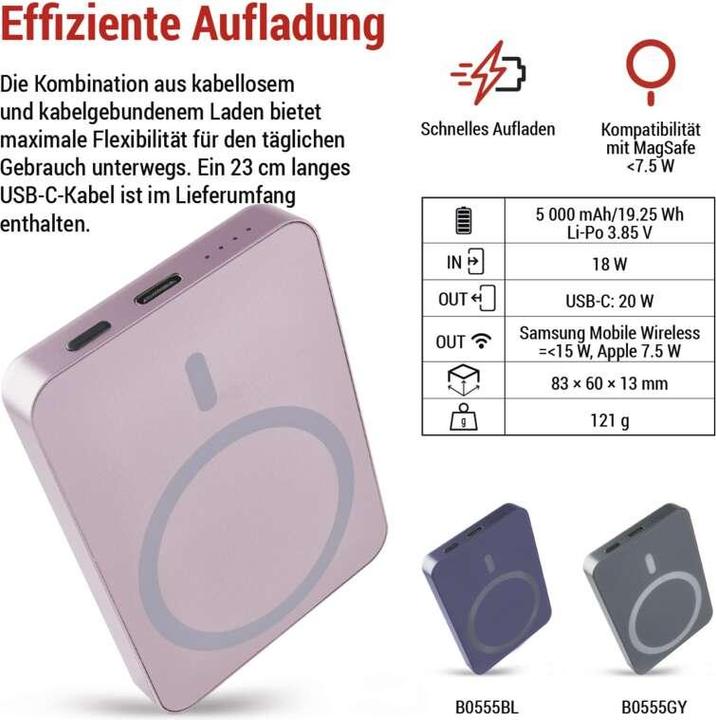 Actual product image Emos Powerbank WI 522, 5 000 mAh, 20 W+Wireless, lachs (5000 mAh, 20 W, 19.25 Wh)