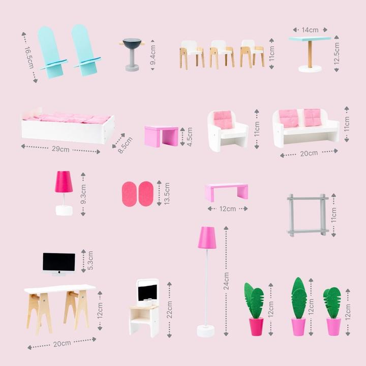 Actual product image Hermex 33-tlg. XXL Puppenhaus aus Holz Puppenvilla Spielhaus für Barbies