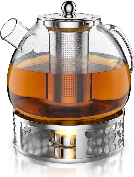 Arendo Teekanne Glas Teebereiter mit Stövchen & Sieb für losen Tee, 1,5l, Borosilikatglas, Hitzebeständig (1.50 l)