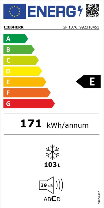 Label énergétique Liebherr GP 1376 Premium Congélateur indépendant E (Autonome, 106 l)