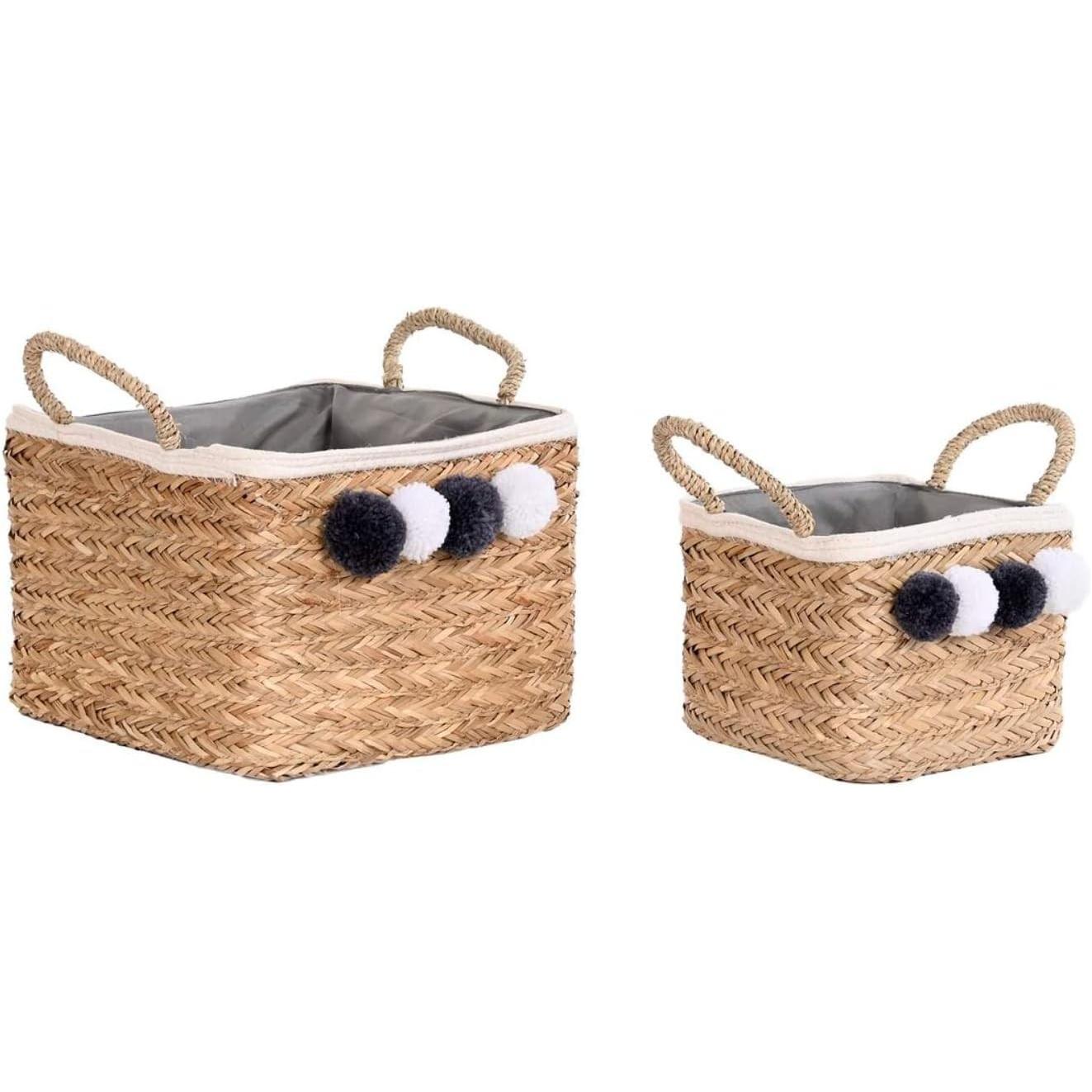 DKD Home Decor, Cesta, Basket set Natural Natural Fibre Pompoms 33 x 33 x 25 cm 2 Pieces (33 cm, 2x)