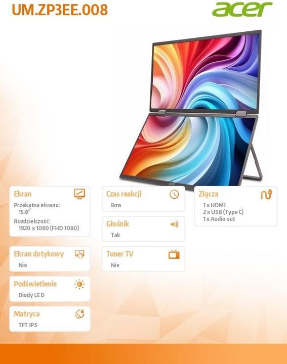 Immagine prodotto Acer Monitor portatile pieghevole Pd163qsmiuux (1920 x 1080 pixel, 15.60")