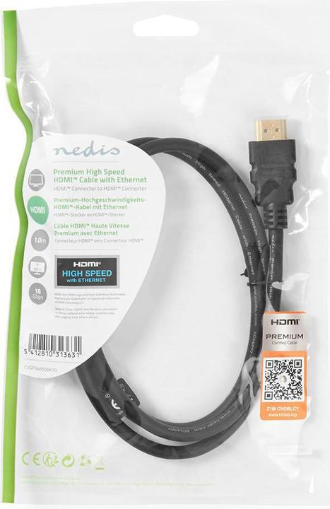 Image du produit Nedis Câble Premium High Speed HDMI ™ avec Ethernet | HDMI™ mâle | HDMI™ mâle | 4K@60Hz | 18 (1 m)