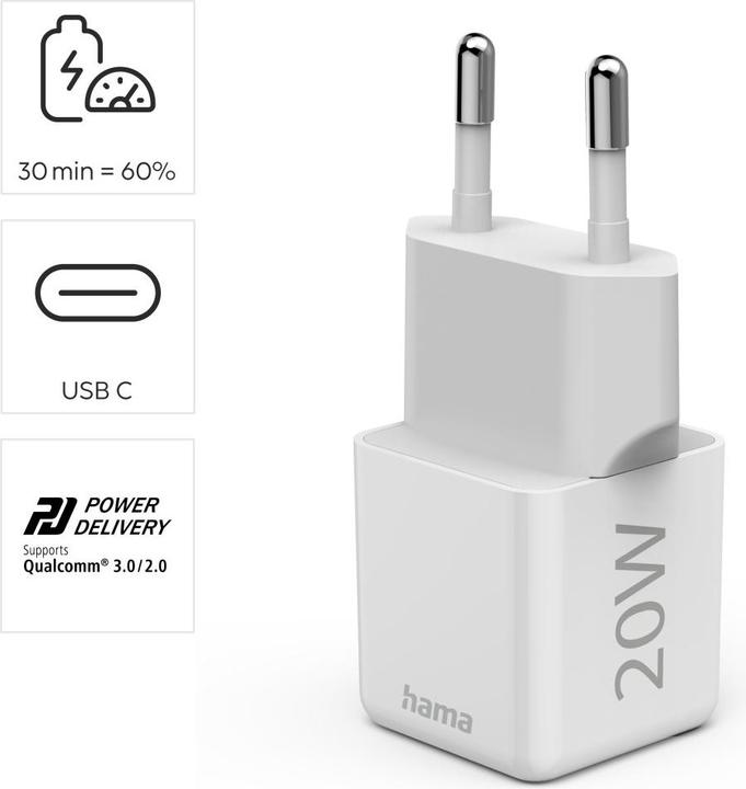 Image du produit Hama Chargeur rapide USB-C, PD/Qualcomm®, mini-chargeur, 20 W, blanc (20 W, 1 portion)