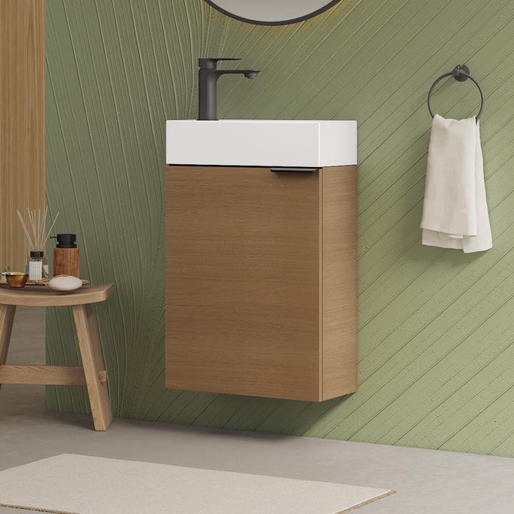Produktbild Emke Badunterschrank mit Aufsatzwaschbecken, Sonoma Eiche, Soft Close Tür, Einlegeböden, hängend