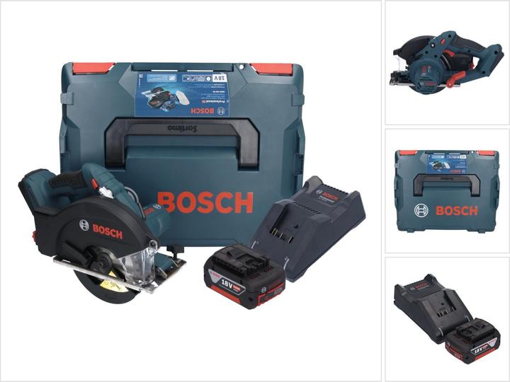 1x Bosch GKM 18V-50 Professional cordless metal circular saw, 1x circular saw blade Standard for Steel 136 x 1.6, 1.2 x 20 mm, 30T (2608837746), 1x rip fence (2610347119), 1x Bosch GBA battery 18 V 5.0 Ah, 1x Bosch GAL 18V-40 charger, 1x L-Boxx 238 (1600A012G2), 1x matching inlay