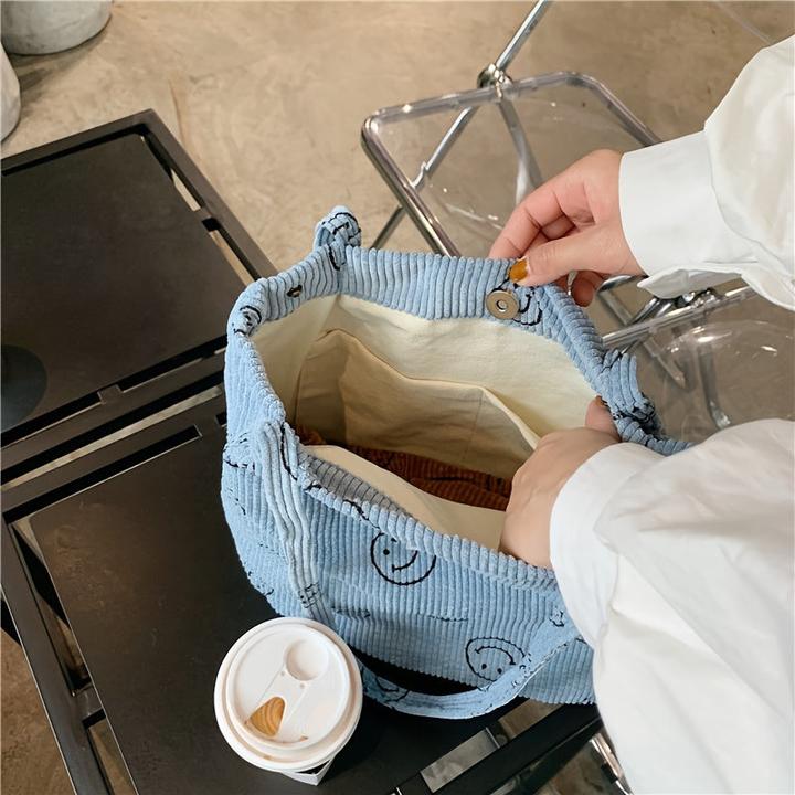 Actual product image Only-Bags.Store Retro Corduroy Tote Bag, Smiling Face Print Shoulder Bag, Simple Handbag for School