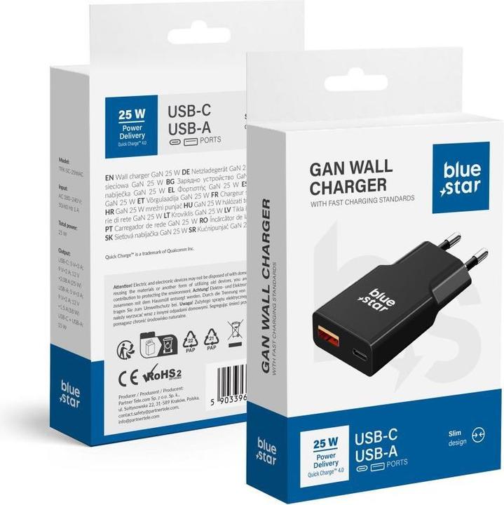 Actual product image Adapter Blue Star Travel charger Blue Star Slim GaN 1x Type C + 1x USB A PD QC4.0 3A 25W black (25 W, 2 ports)