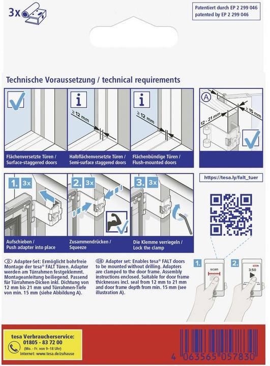 Produktbild tesa FALT Insektenschutz Adapter für Türen, Tür-Klemme für die Montage ohne Bohren oder Schrauben