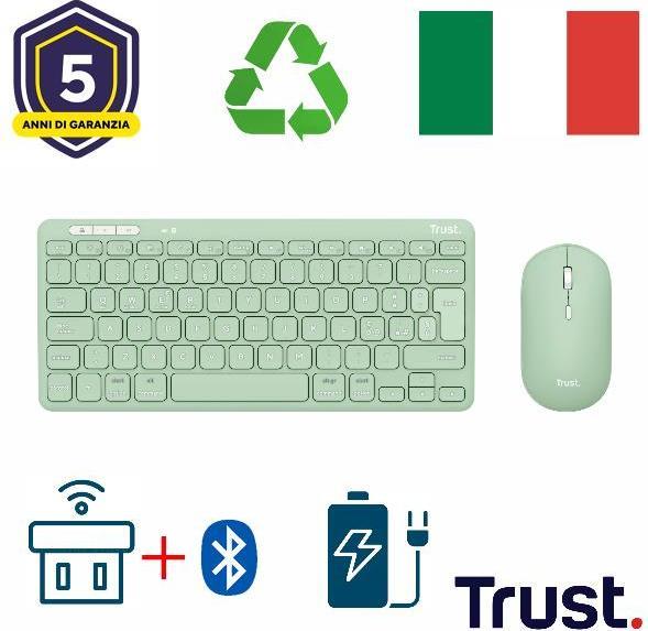 Actual product image Trust Lyra keyboard Mouse included RF wireless + Bluetooth QWERTY Italian Green (IT, Wireless)