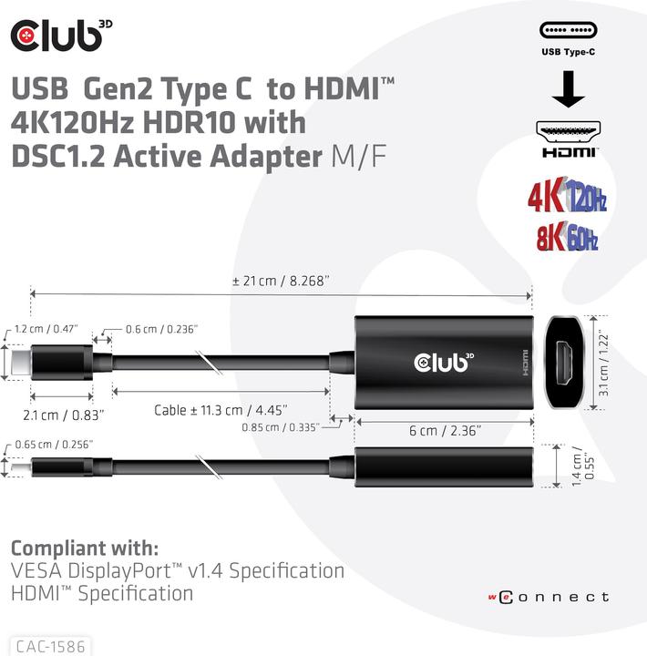 Produktbild Club 3D USB-Typ-C Gen2 auf HDMI™ 4K120Hz HDR10 mit DSC 1.2 aktiv St./B. (HDMI, 15 cm)