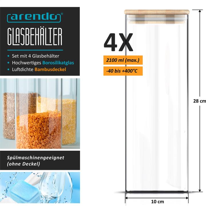 Actual product image Arendo 4x 2,2 L Vorratsgläser, Glasbehälter, 4er Set, Borosilikatglas, Bambusdeckel, Vorratsdosen luftdicht (2.20 l)