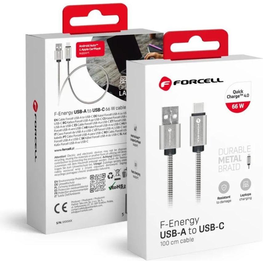 Forcell Cable Cable USB A to USB C F-Energy QC4.0 3A 66W Metal 1 m C234 silver (1 m, 66 W), Cavo USB