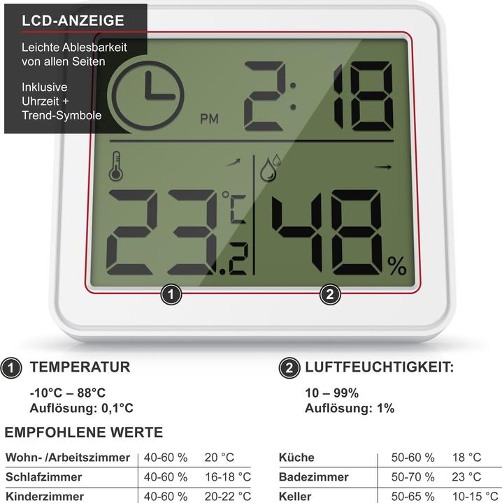 Immagine prodotto Bearware Thermometer & Hygrometer, Temperatur, Luftfeuchtigkeit & Uhrzeit, Innenwetterstation, Magnethalter