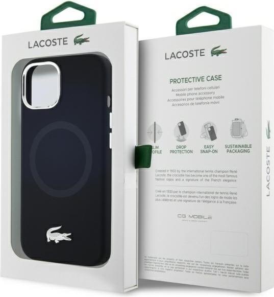 Produktbild Lacoste Liquid Silicone Microfiber Silver Croc Logo MagSafe Case for iPhone 15 Black (Apple iPhone 15)