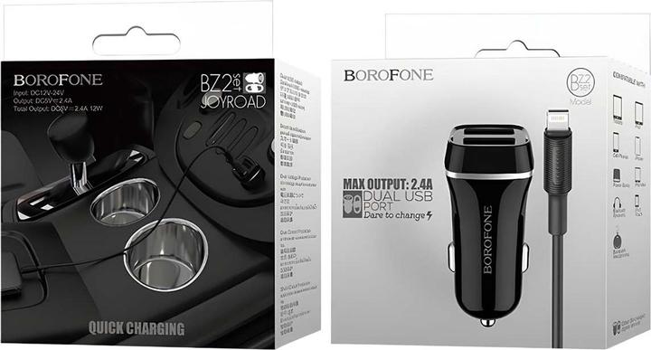 Immagine prodotto Borofone Caricabatterie da auto BZ2 con 2 porte USB + Lightning (2,4A) nero (1 m, 12 W)