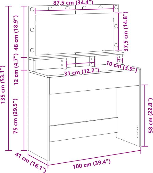 Actual product image vidaXL Schminktisch (100 x 41 x 135 cm)