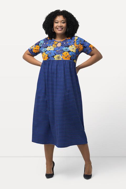 Image du produit Ulla Popken Robe en jersey à fleurs/rayures. Coupe trapèze, col rond et manches courtes (50, 52)