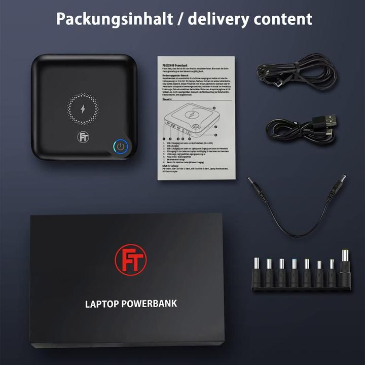 Produktbild FeinTech 60W PD Powerbank mit USB-C, DC-Anschluss und 10W drahtlosem Laden für Laptops, Tablets, Smartphones (60 W, 88 Wh)