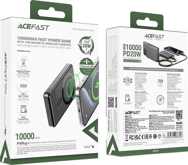 Actual product image Acefast Powerbank M12-10000 PD20W ultra-slim, MagSafe compatible - black (10000 mAh, 20 W, 37 Wh)
