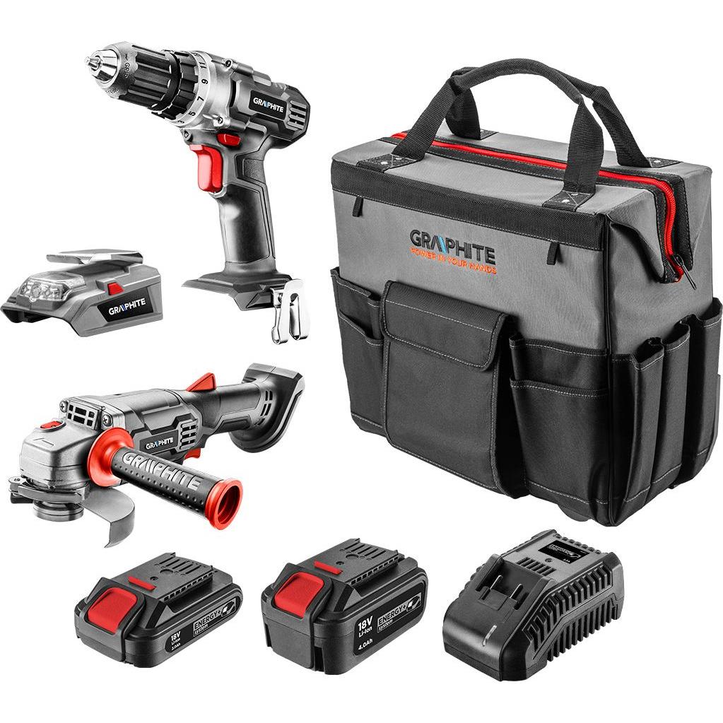 Graphite, Elektrowerkzeug Set, E + kit: drill (58G000), grinder (58G003), USB adapter (58G025), 2x batteries (58G001)