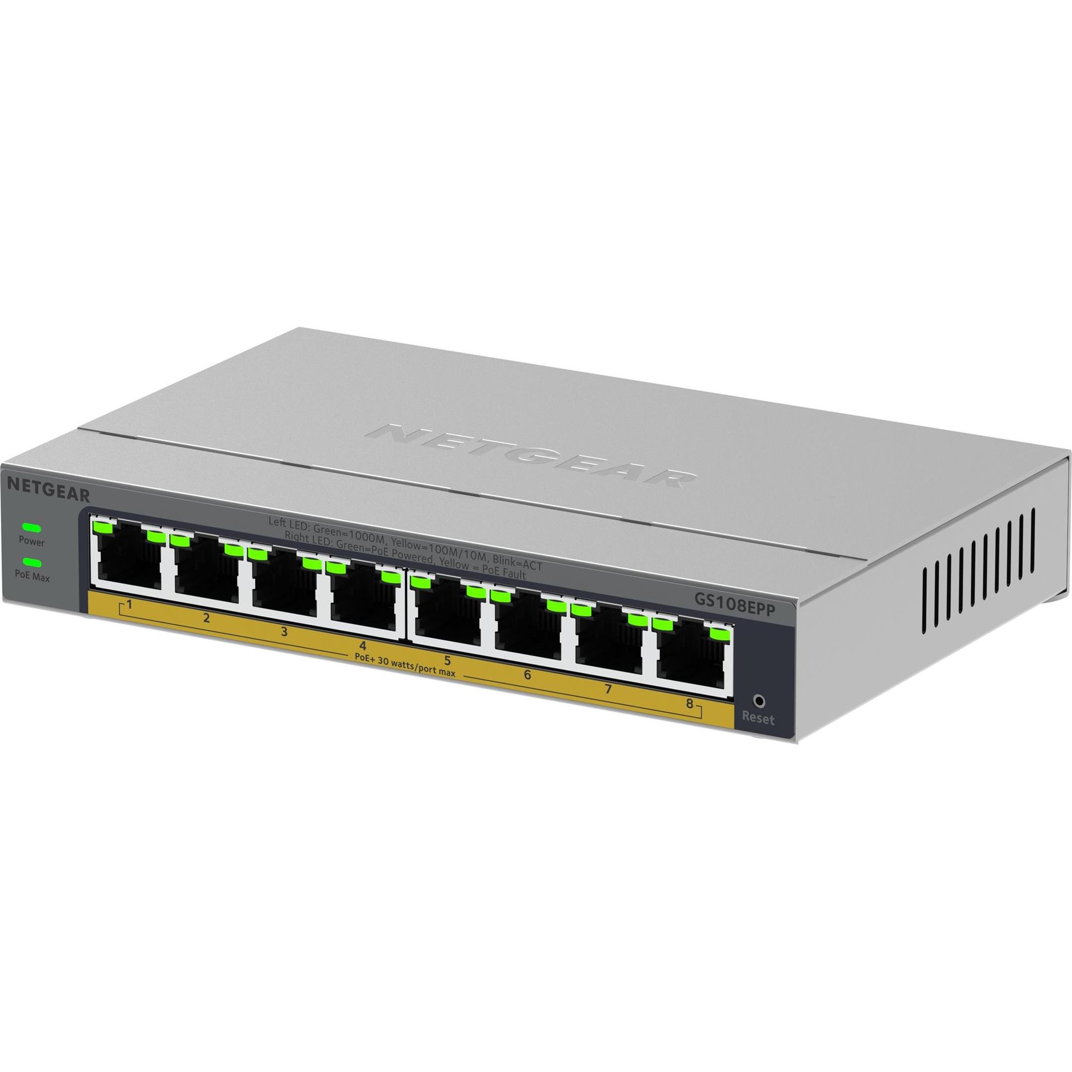 Netgear 8PT GB PLUS SWICH W/ POE+ GS108EPP (8 Ports), Netzwerk Switch, Grau