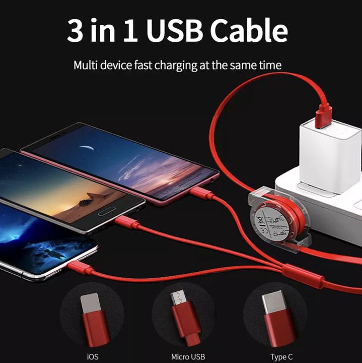 Produktbild PhoneLook 3 in 1 Multi-Anschluss Ladekabel zusammenrollend mit Micro-USB, USB-C und Lightning (1 m)