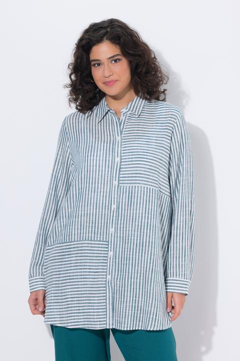 Produktbild Ulla Popken Bluse, Leinenmix, Patchmuster, Hemdkragen, Langarm (58)