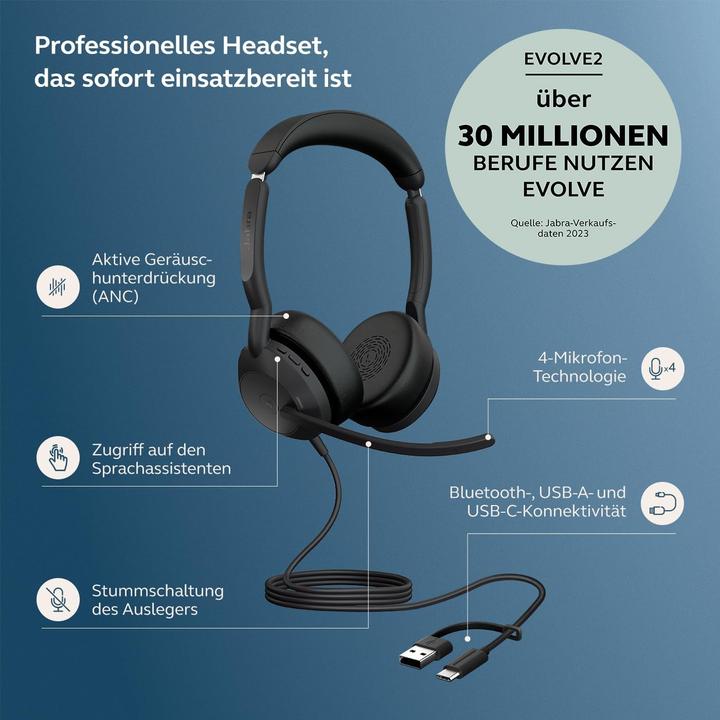 Productafbeelding Jabra Evolve2 50 (Bedraad, Draadloze, USB-C, Alcatel-Lucent, Avaya, Cisco, Google Ontmoeten, Microsoft Teams, Verenig, Zoom)