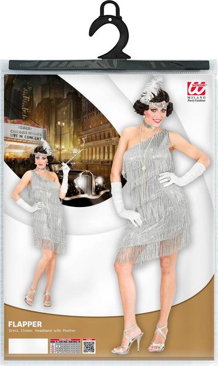 Widmann Charleston dress silver with fringes, necklace, headband