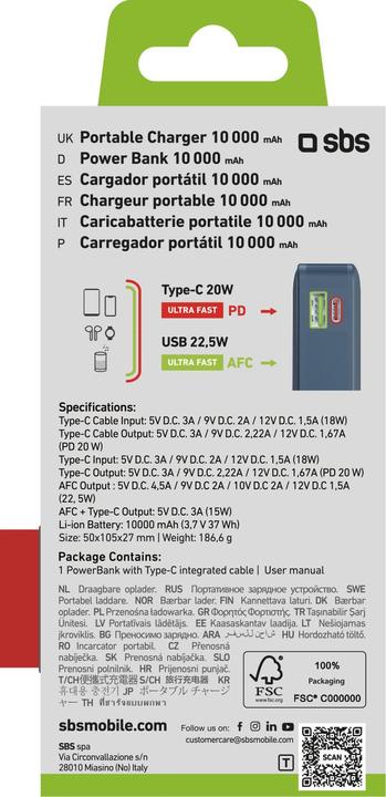 Etichetta energetica SBS TTBB10000LCDTCPD20B (10000 mAh, 20 W, 37 Wh)