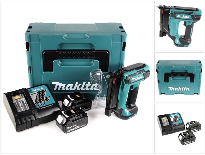 1x Makita DPT 353 ZJ 18 V Li-Ion cordless pin tacker, 1x safety goggles, 1x belt attachment, 1x Makita Makpac 2 with foam insert, 2x 5.0 Ah BL 1850 battery, 1x DC 18 RC charger
