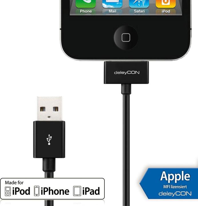 Produktbild deleyCON 30Pin Dock-USB Kabel 2m, schwarz (2 m, USB 2.0)