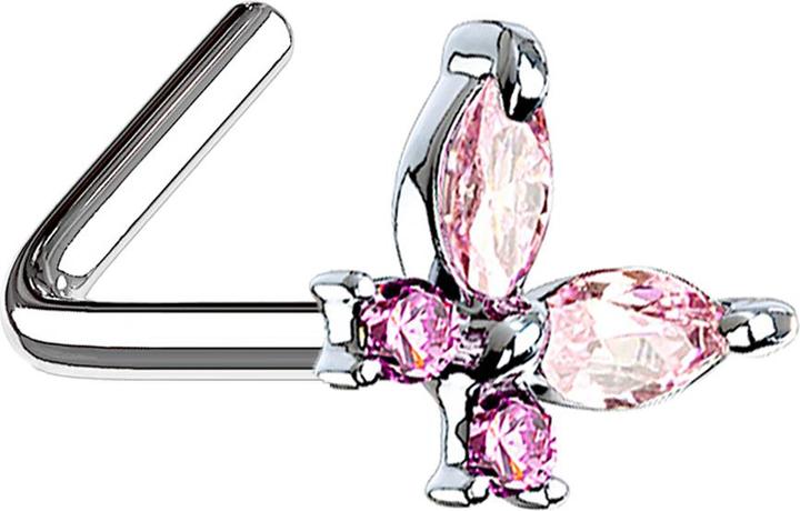 Image du produit Star Piercing Nasenstecker gewinkelt silber Schmetterling mit Kristallen pink (Laiton, Acier chirurgical 316L)