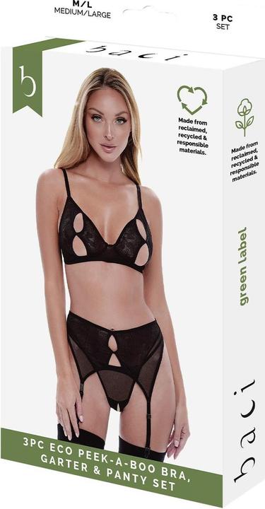 Produktbild Baci XGEN 3Pc Eco Peek-A-Boo Bra, Garter & Panty Set - Sultry Black Lace Lingerie Set - Size M/L (UK Size (M, L)